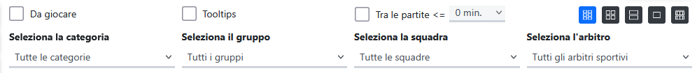 Pannello filtri e selezione dei referti di gara nel software per tornei